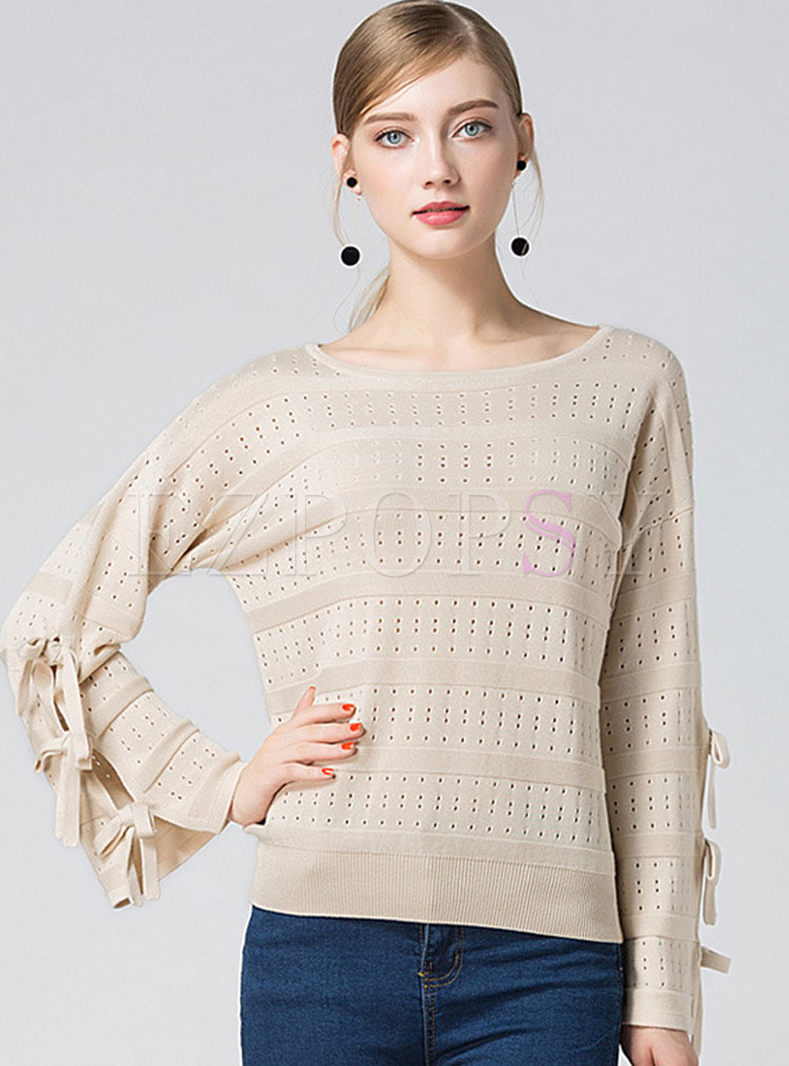 Hollow Out Bowknot Long Sleeve Knitted Sweater