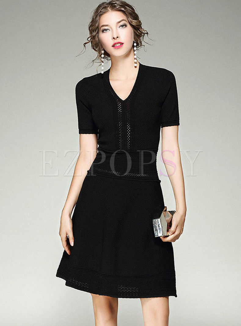 Brief Slim Short Sleeve A-line Knitted Dress