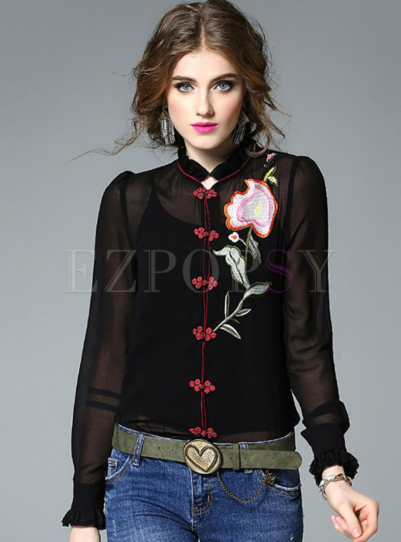 Silk Embroidered Stand Collar Long Sleeve Blouse With Camis