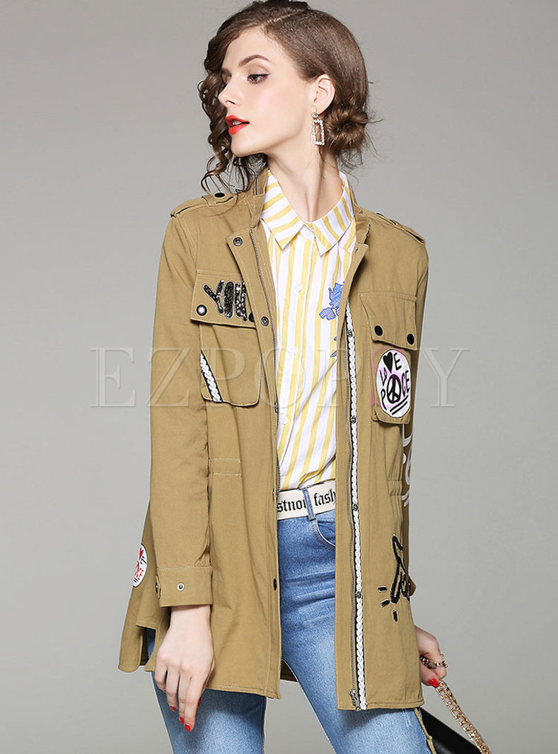 Street Patch Stand Collar Long Sleeve Coat
