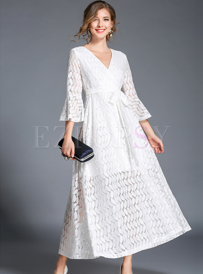 Dresses Maxi Dresses White V Neck Flare Sleeve Lace Maxi Dress
