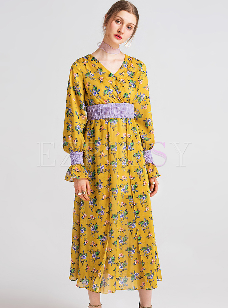 Bohemia Floral Print V-neck Maxi Dress