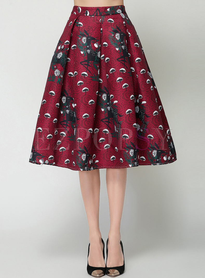 Vintage Red Print High Waist Skirt