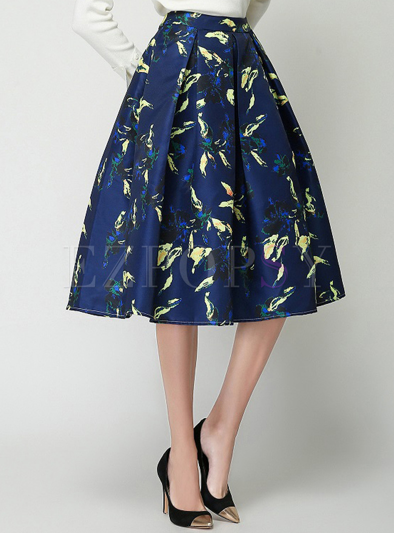 Elegant Blue Print High Waist Skirt