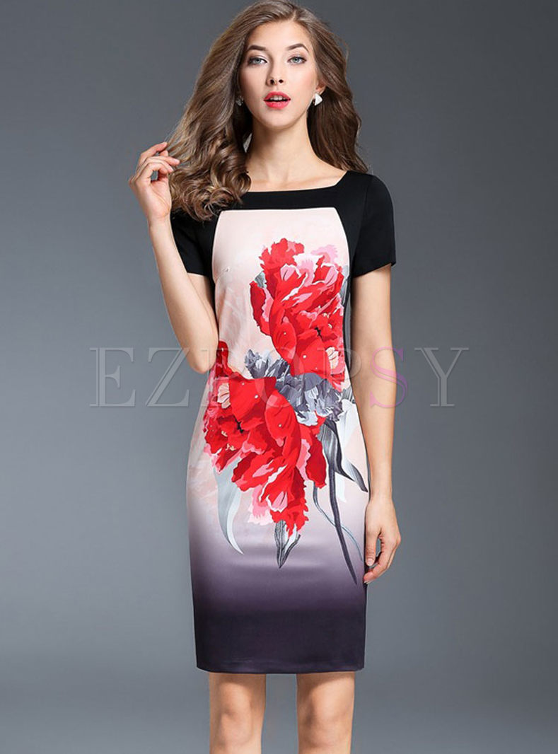 Dresses | Bodycon Dresses | Ethnic Floral Print Short Sleeve Bodycon Dress