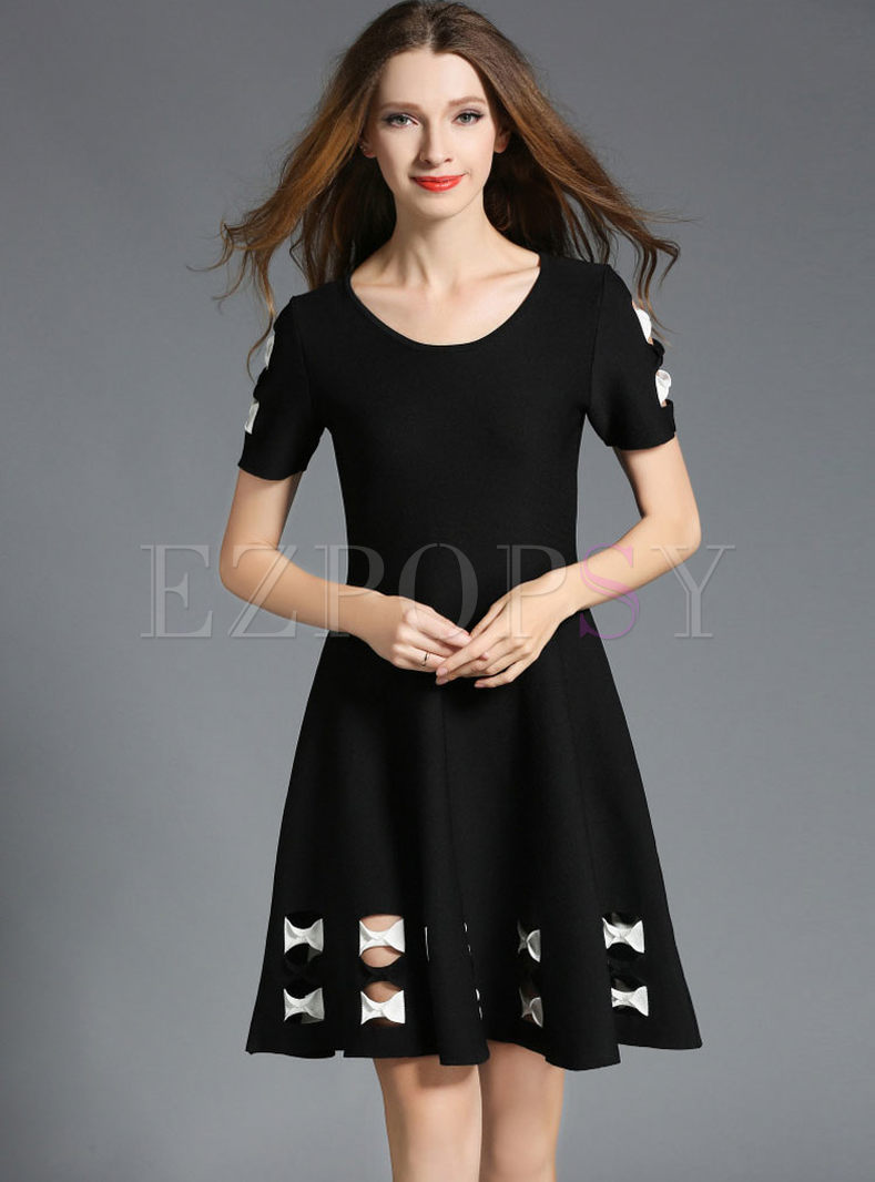 Brief Hollow Out Hit Color Bowknot A-line Knitted Dress
