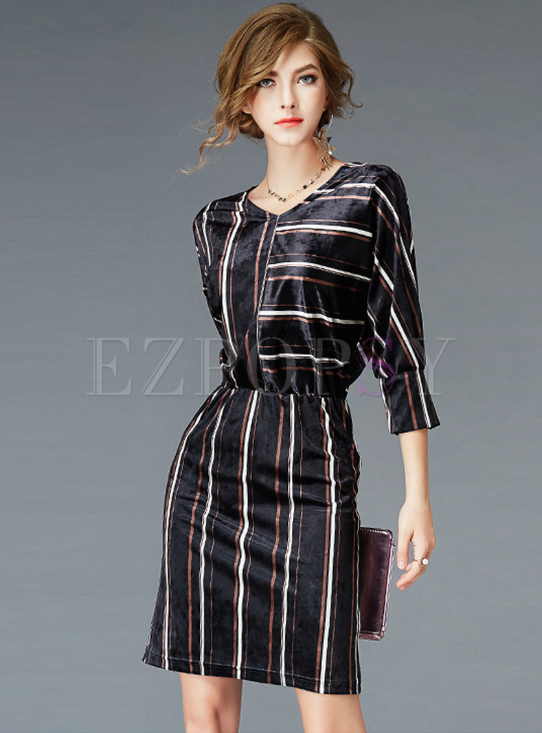 Street Color-blocked Striped Bodycon Dress