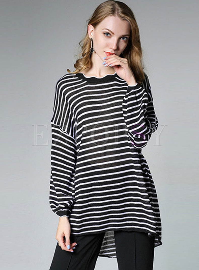 Causal Striped Batwing Sleeve Knitted T-shirt
