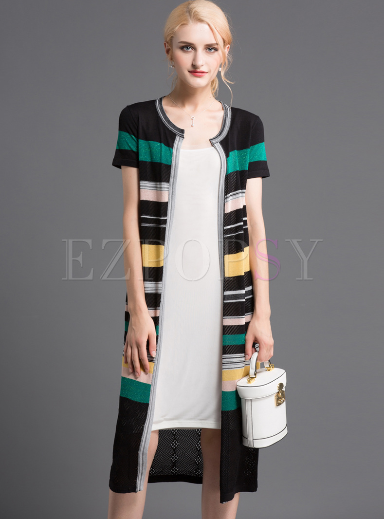 Chic Color-blocked Striped Straight Knitted Coat