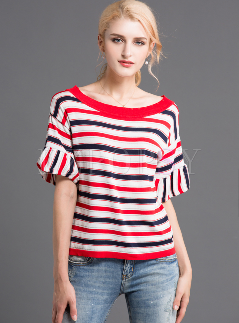 Casual Striped Flare Sleeve Knitted T-shirt