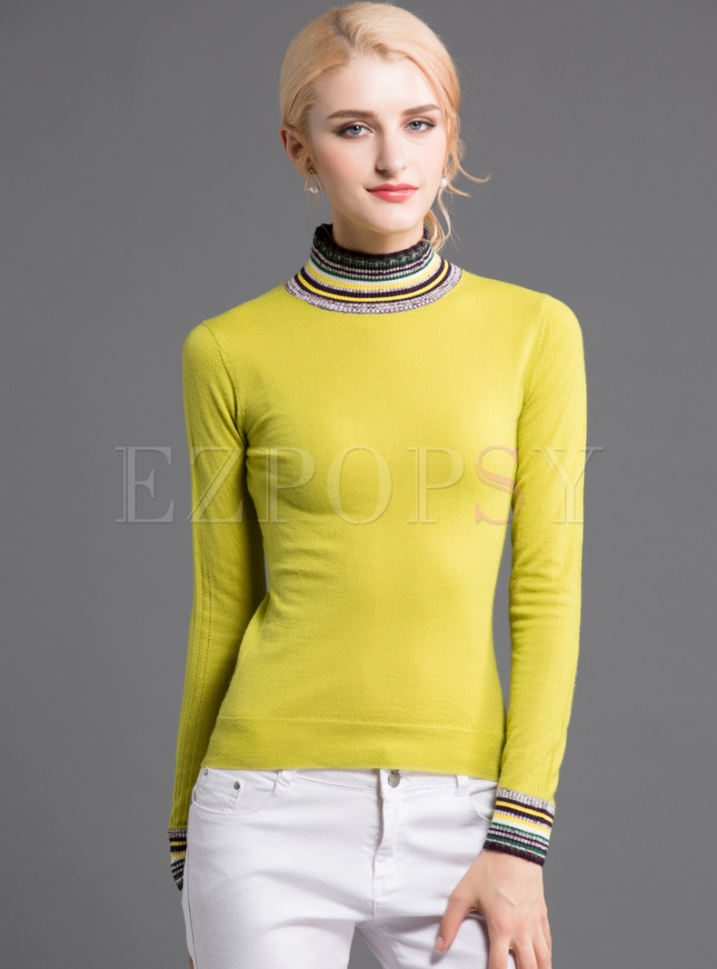 Yellow Slim Striped High Neck Sweater