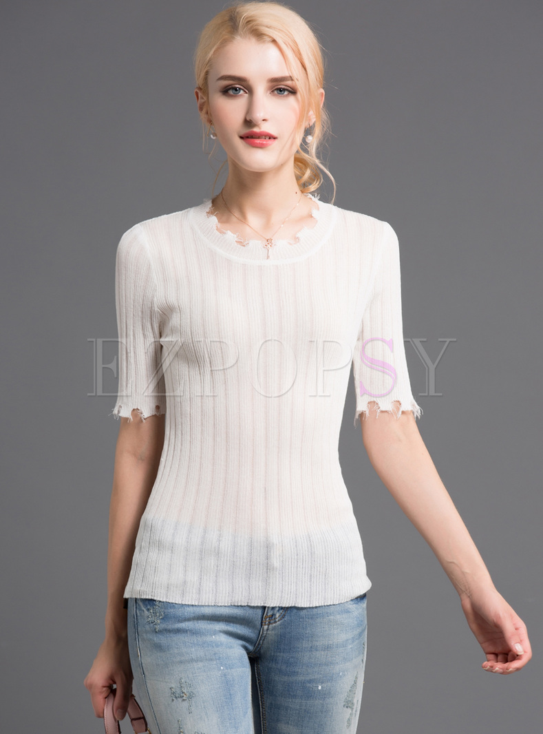 Brief White Half Sleeve Falbala Sweater