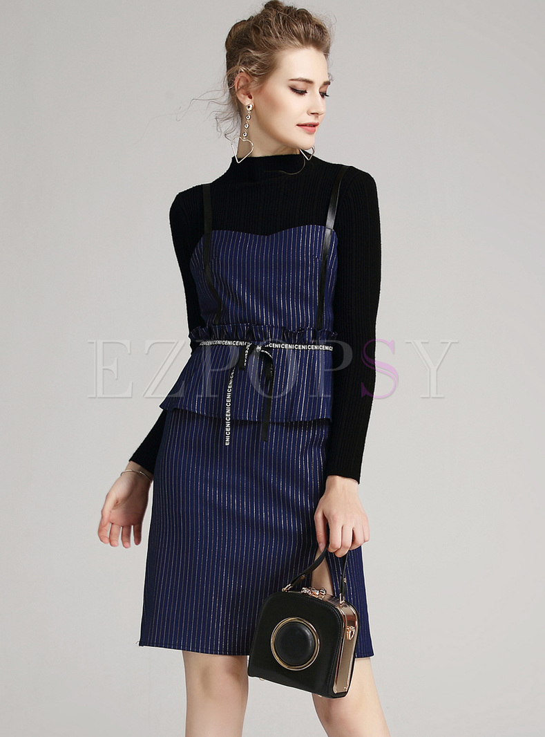 Black Knitted Sweater & Slim Split Striped Overall