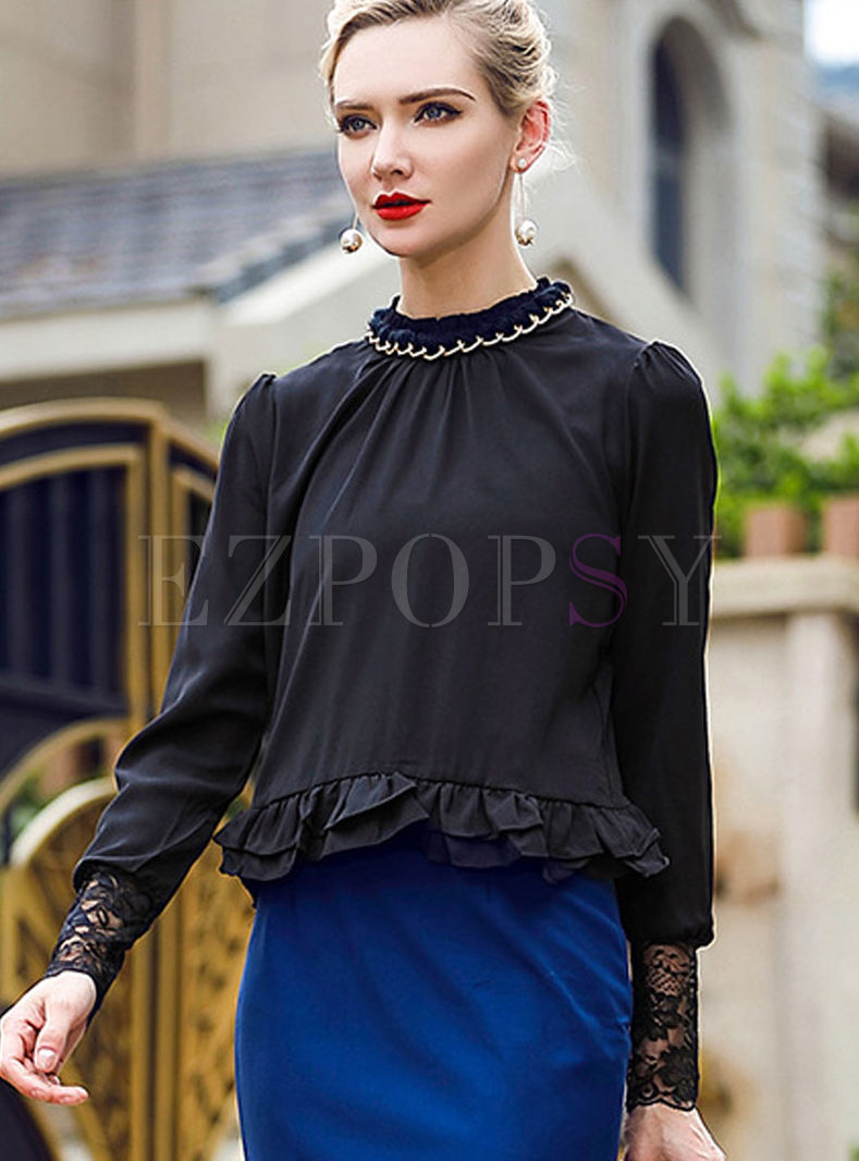 Lace Stand Collar Long Sleeve Blouse