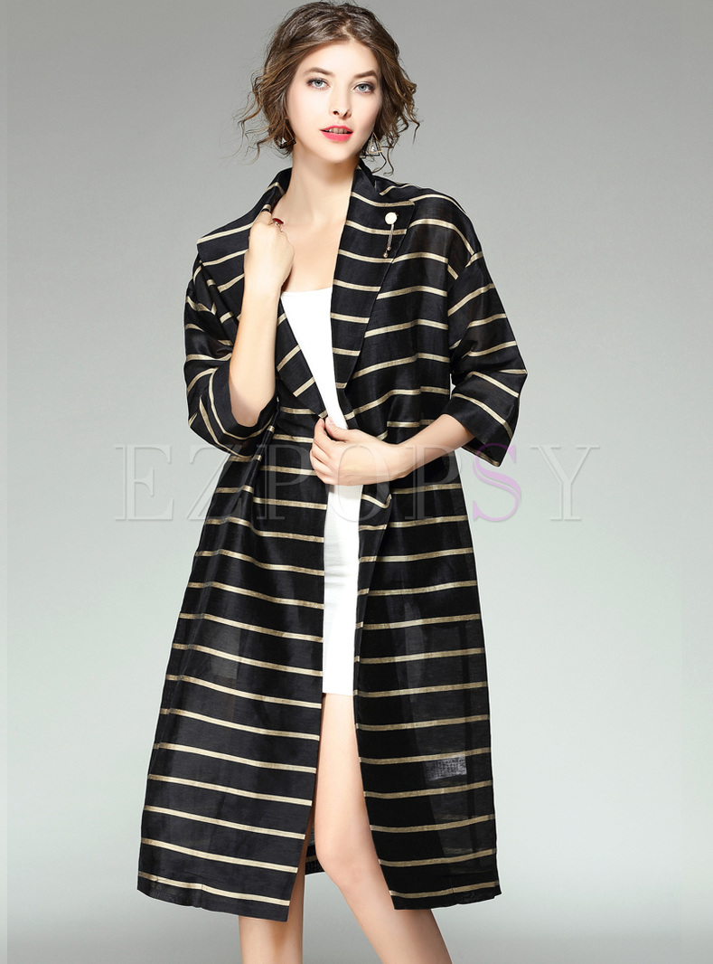 Oversized Notched Collar Striped Trench Coat