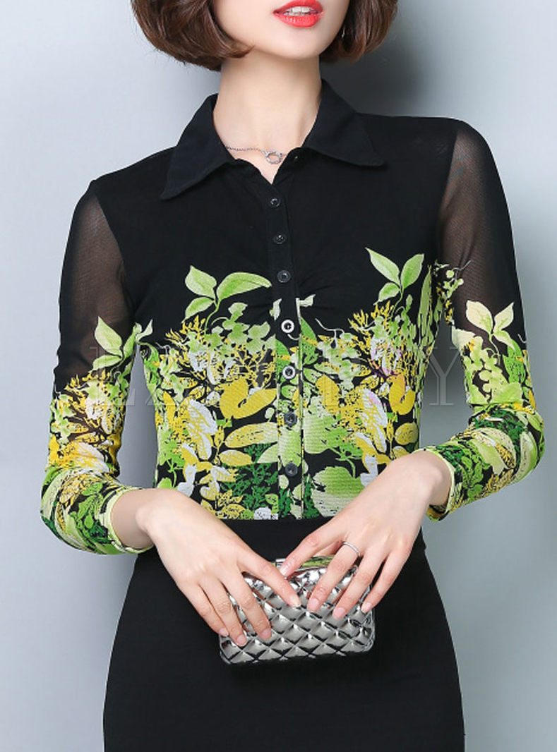 Floral Print Mesh Stitching Long Sleeve Blouse