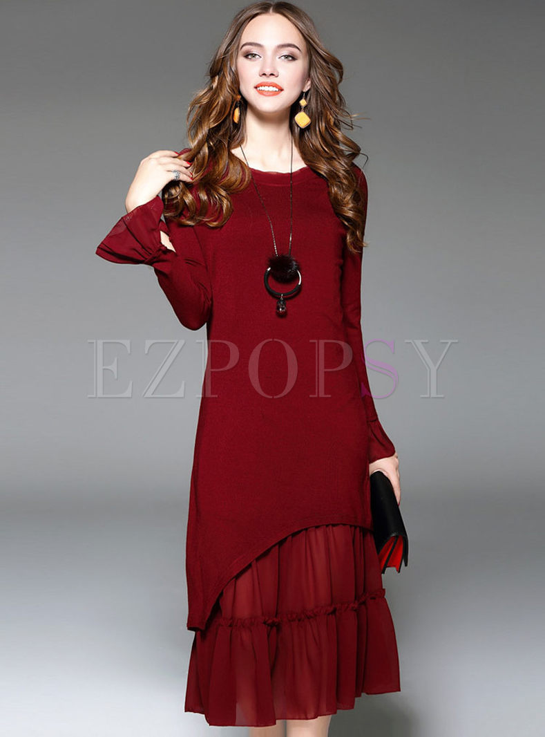 Brief Long Sleeve Knitted Two-piece Outfits With Necklace