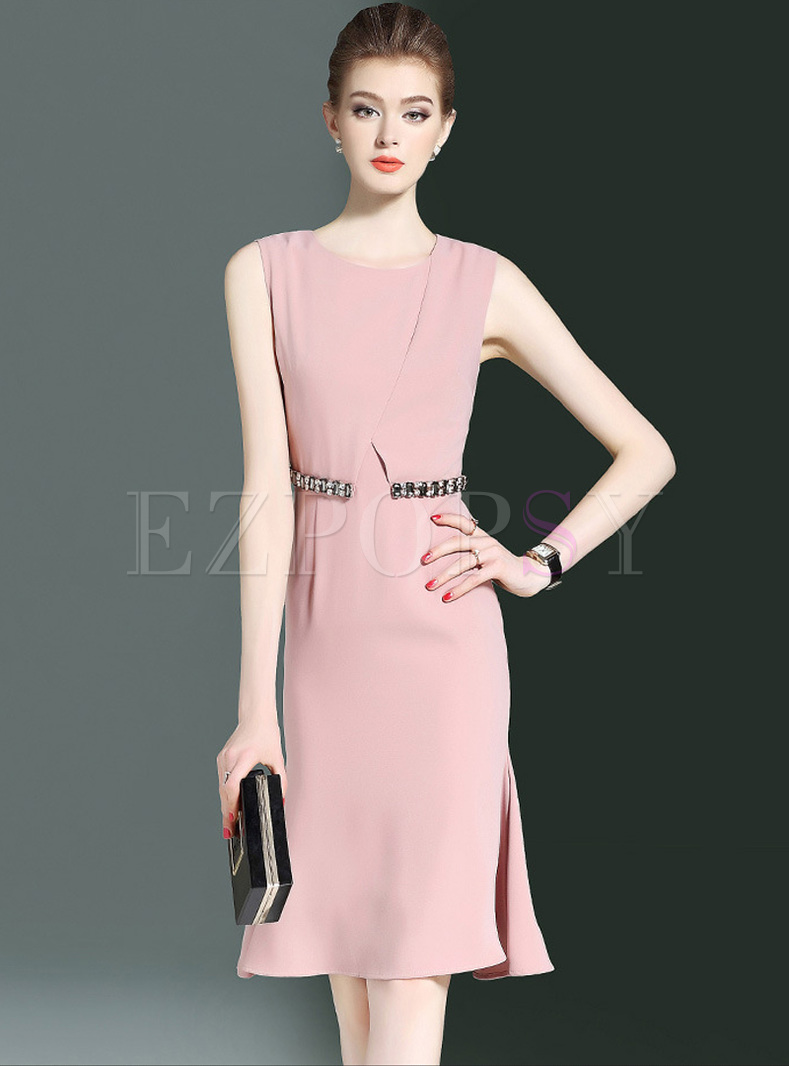 Brief Pink Beaded Sleeveless Slim Mermaid Dress
