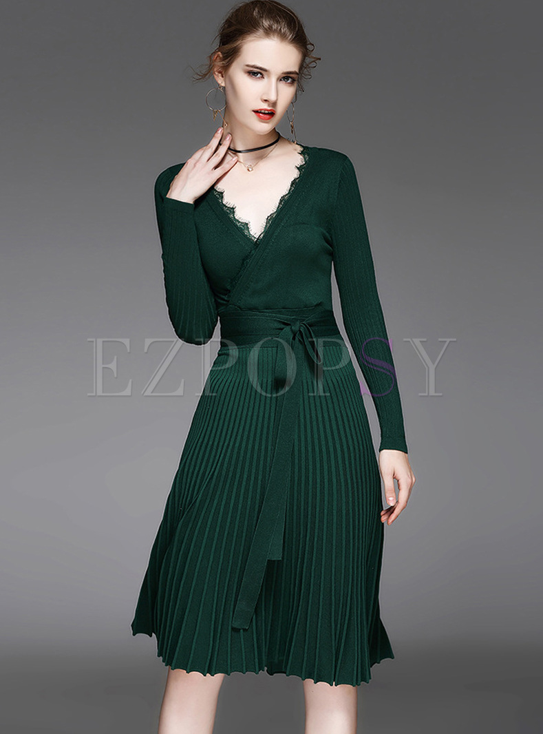 Elegant Falbala V-neck Knitted Dress
