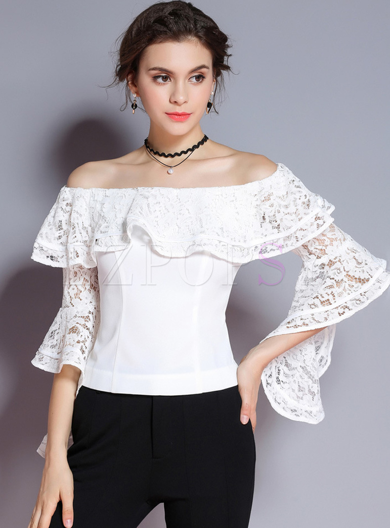 Tops Blouses White Lace Layered Sleeve Slim Blouse 2583