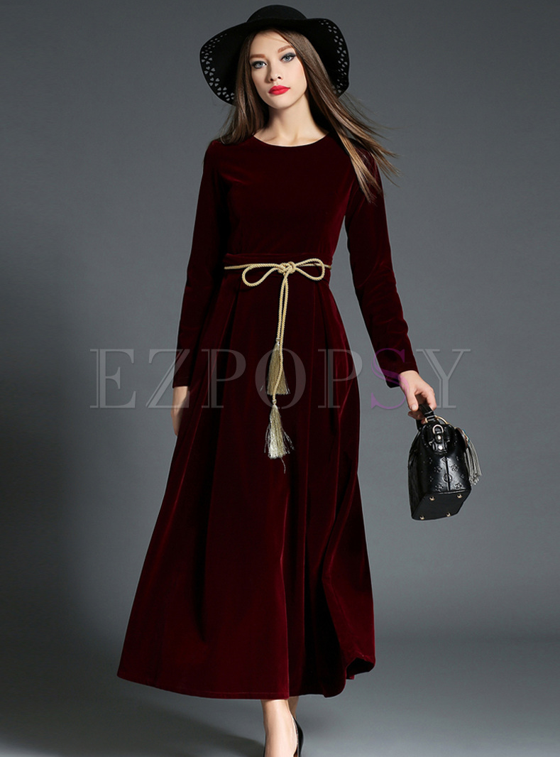 Elegant Belted Long Sleeve Maxi Dress