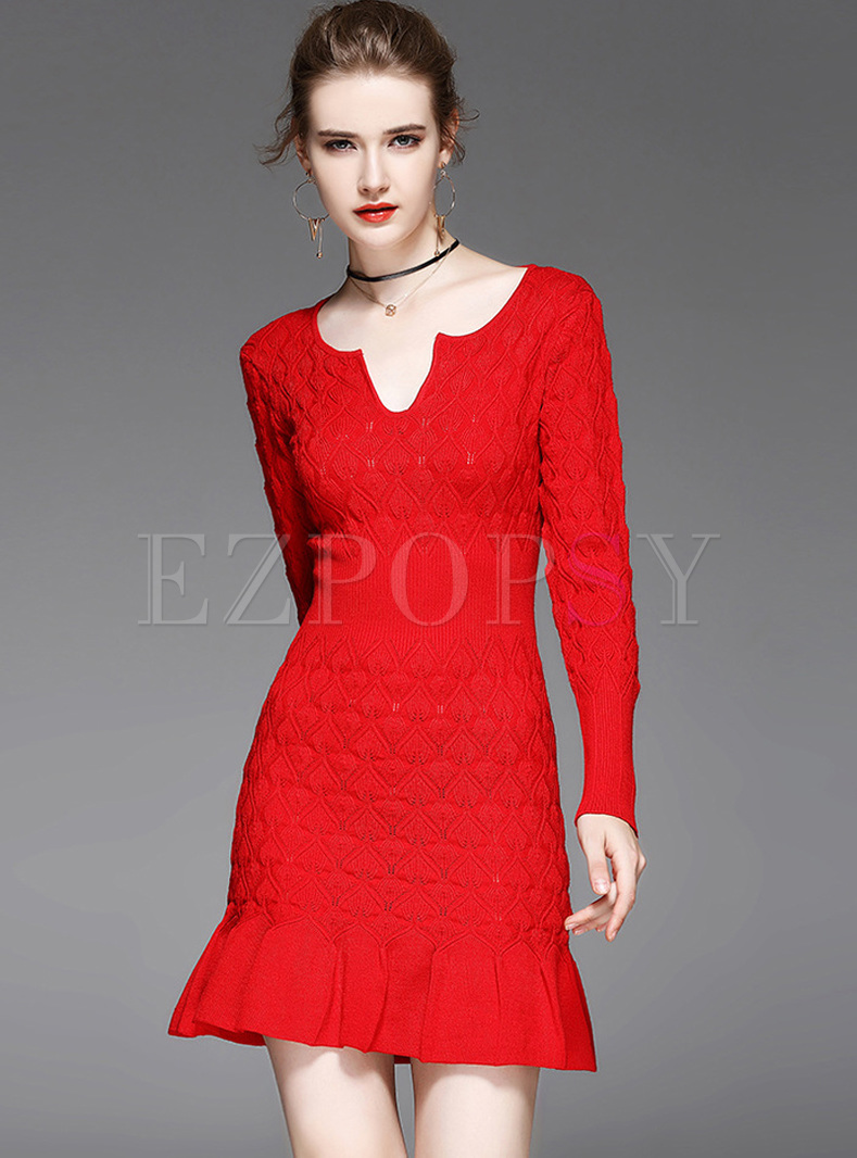 Red Asymmetric Neck Mermaid Knitted Dress