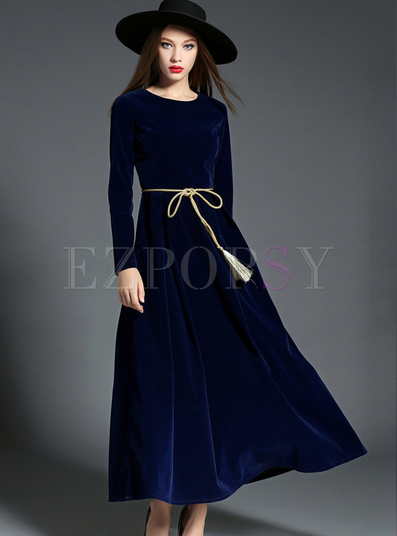 Blue Elegant Belted Long Sleeve Maxi Dress