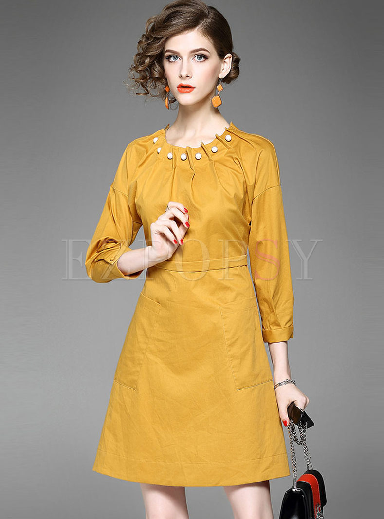 Chic Pure Color Three Quarters Sleeve Skater Dress