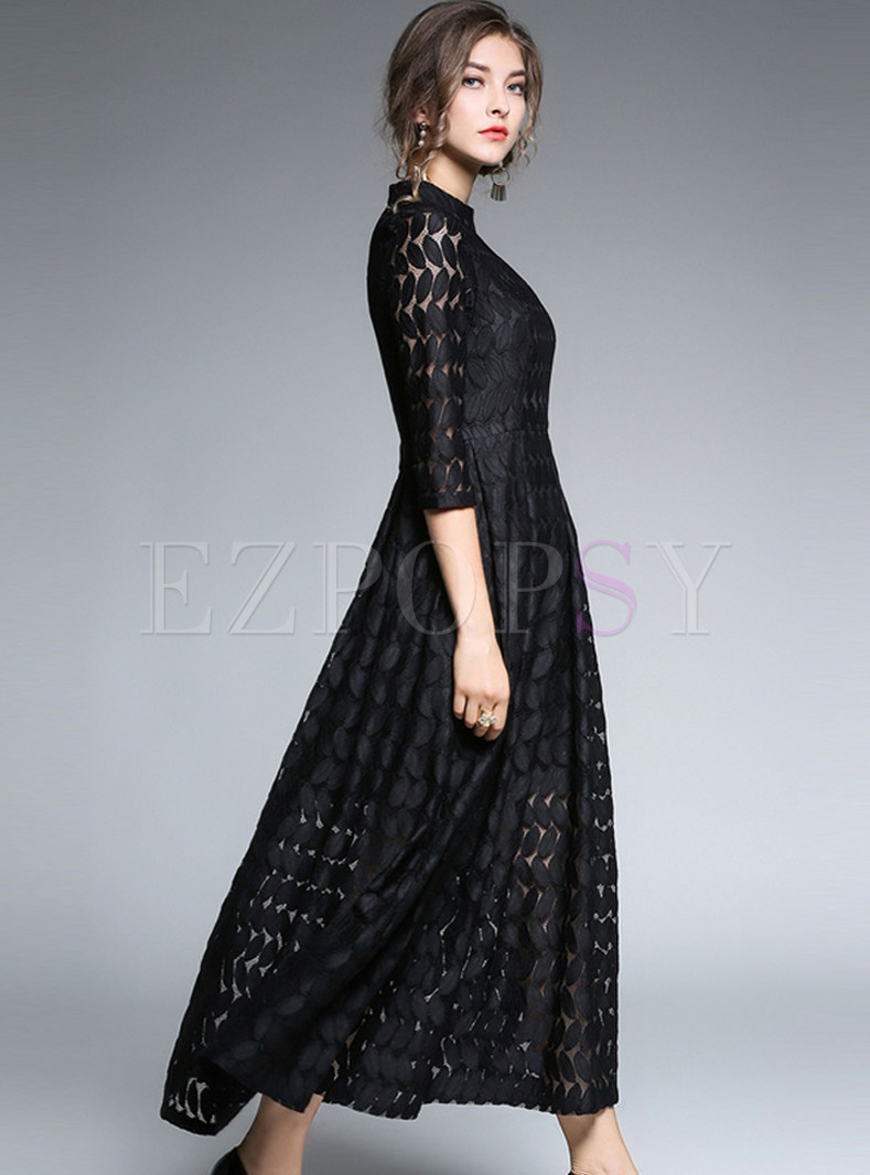 Dresses | Maxi Dresses | Brief Black Lace Stand Collar Three Quarters ...