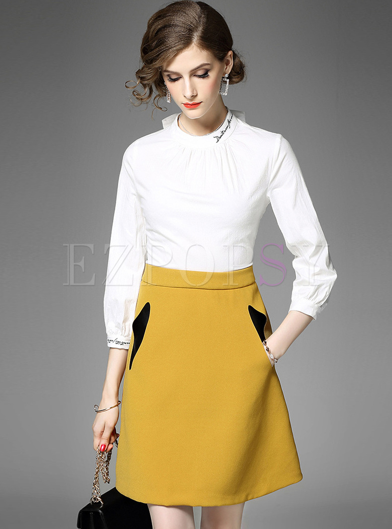 Elegant Letter Embroidery Color-blocked A-line Dress