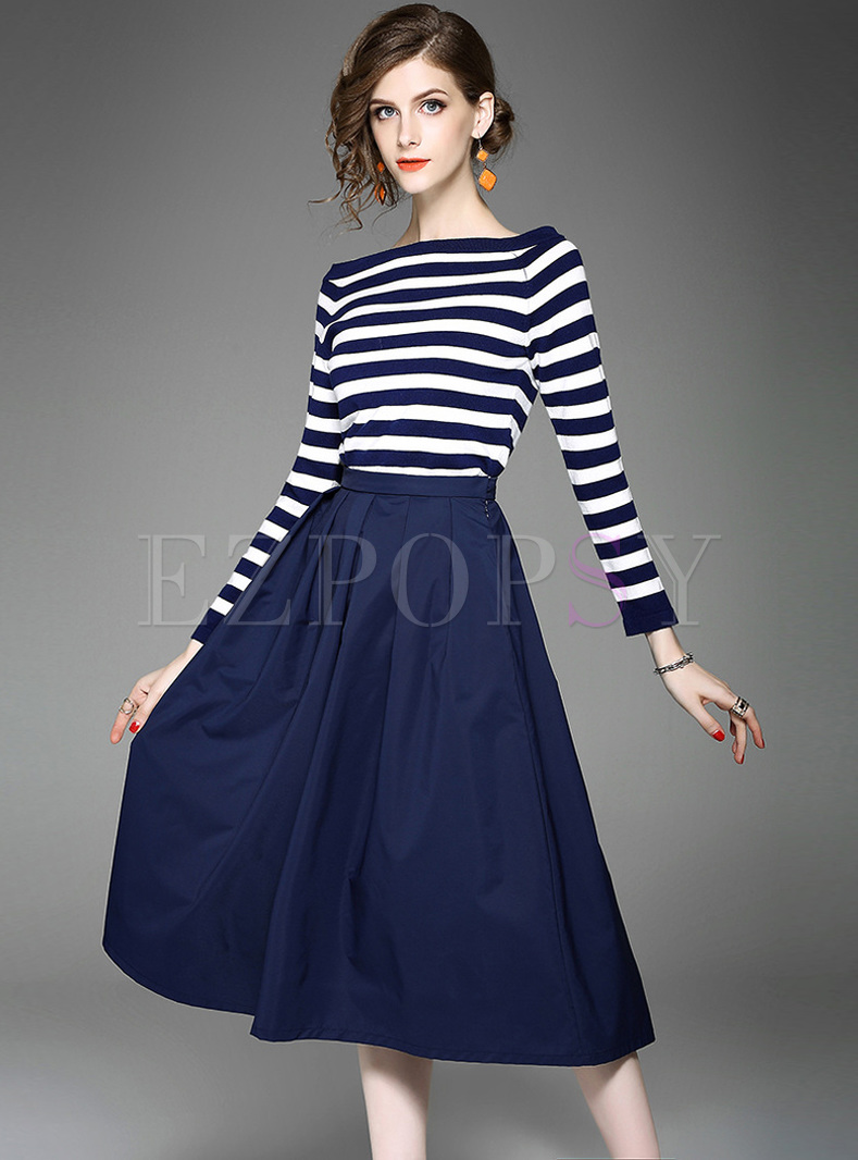 Slash Neck Striped Top & Blue A-line Skirt