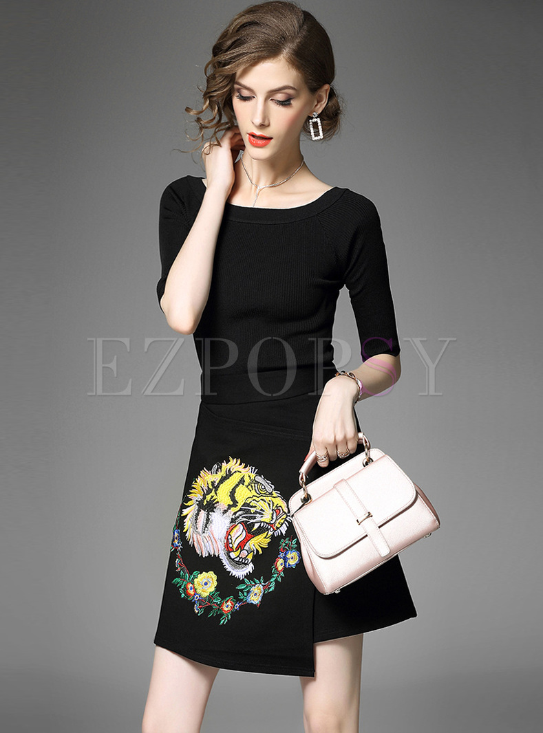 Black Half Sleeve Embroidery Knitted Two-piece Outfits