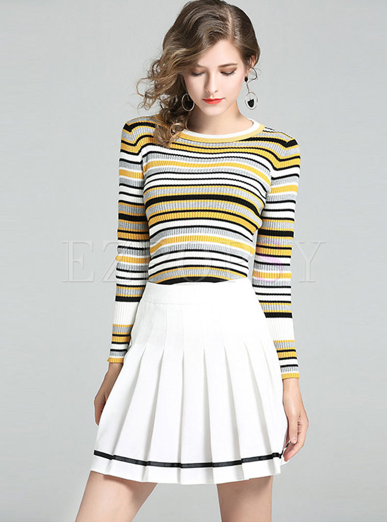 Two-piece Outfits | Two-piece Outfits | Striped Long Sleeve Knitted Top ...