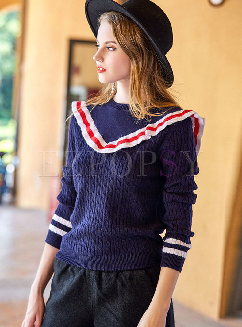 Cute Stand Collar Splicing Long Sleeve Knitted Sweater