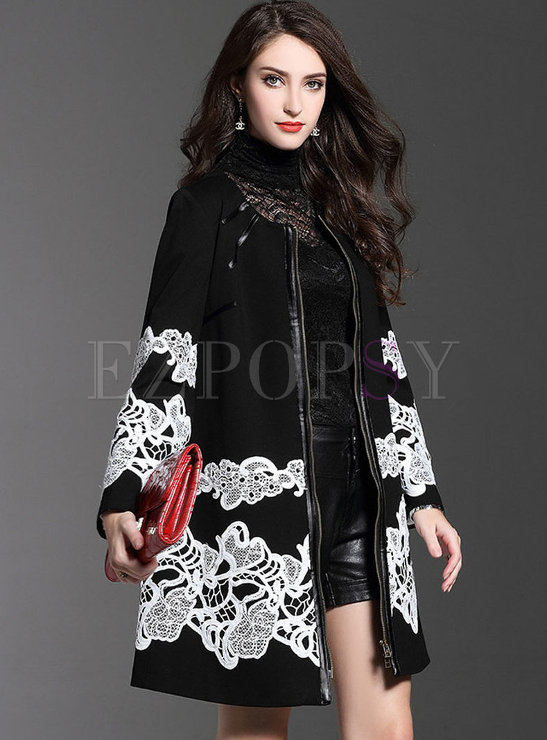 Black Embroidered Long Sleeve Straight Coat