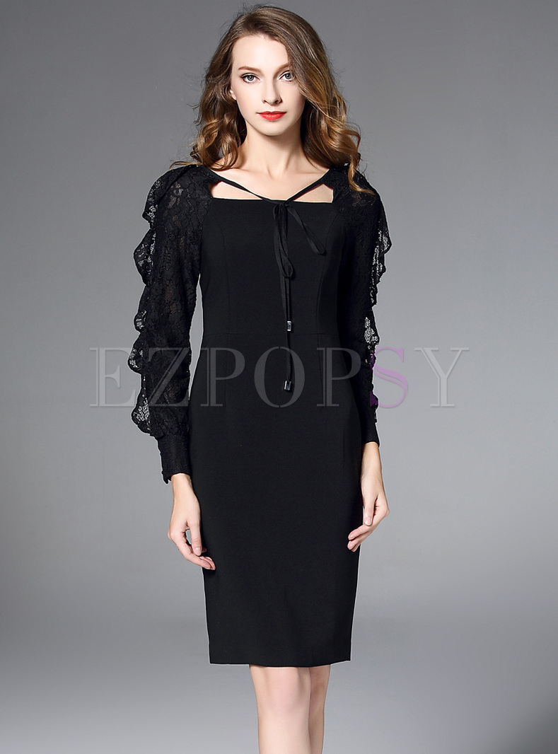 Black Lace Falbala Sleeve Bodycon Dress