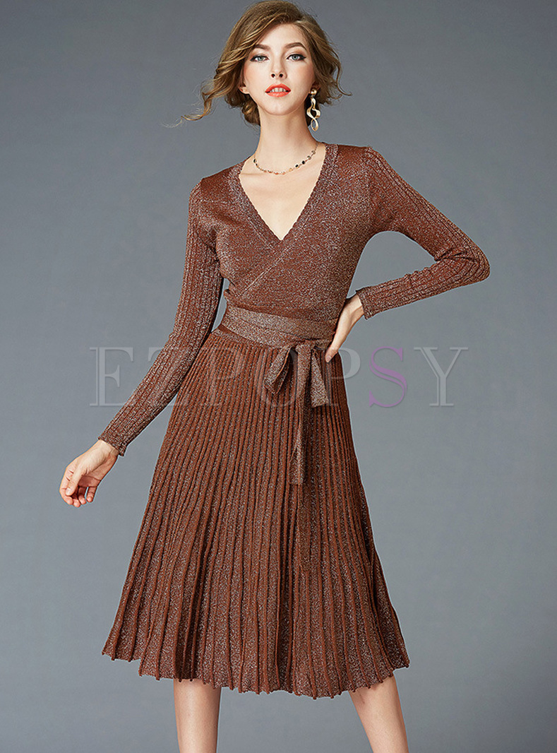 Chic V-neck Belted Long Sleeve Slim Knitted Dress