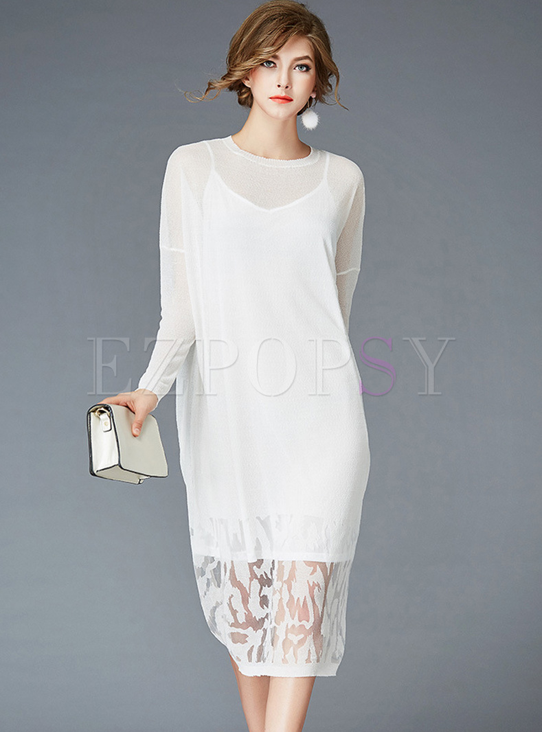 Loose Lace Perspective Knitted Dress With Underskirt