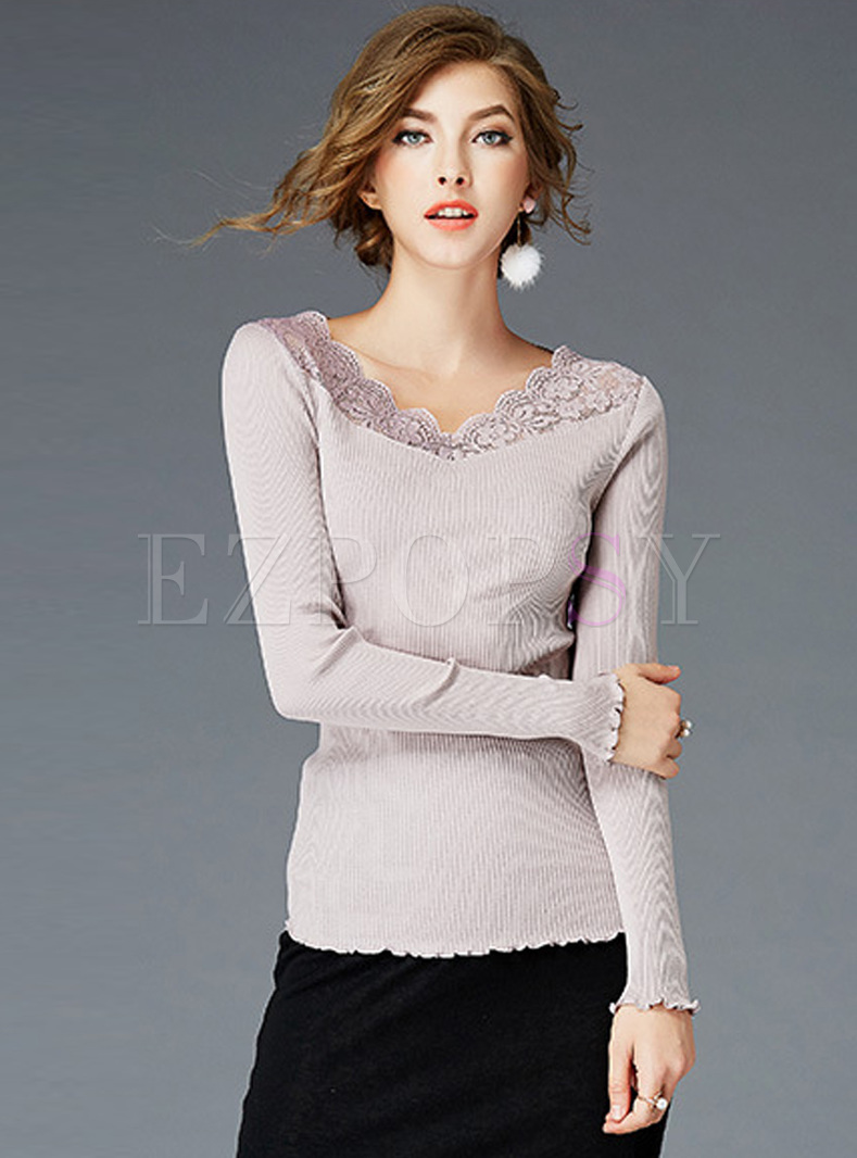 Elegant Slim Lace Falbala V-neck Sweater