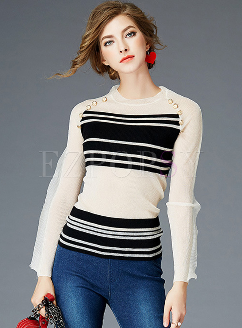 Chic Falbala SLeeve Striped Beaded Slim Sweater