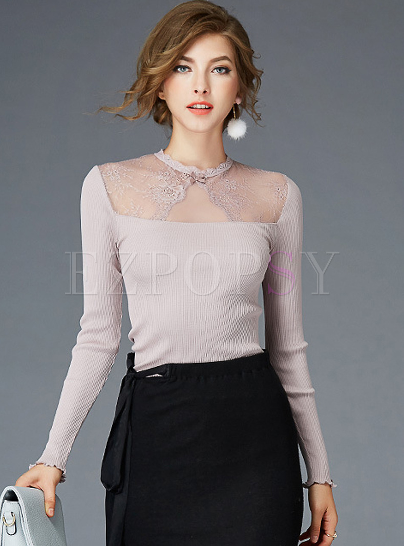 Pink Slim Lace Perspective Sweater