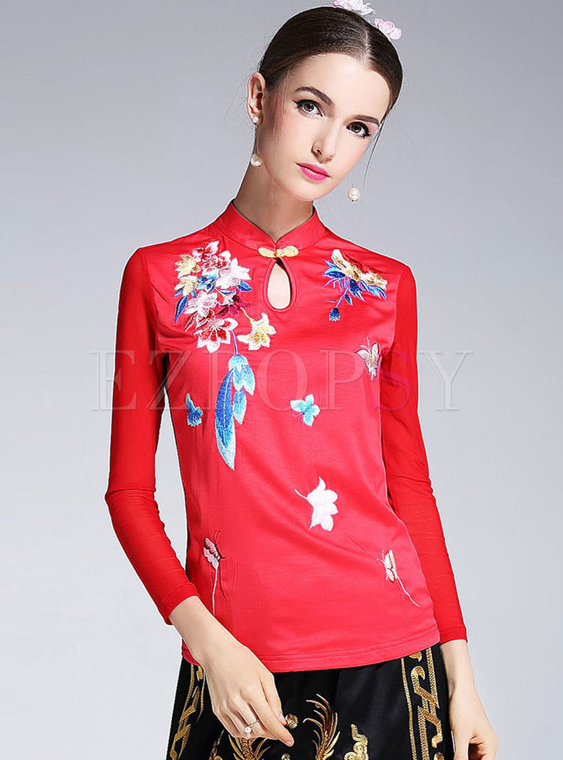 Ethnic Embroidered Stand Collate Long Sleeve Top
