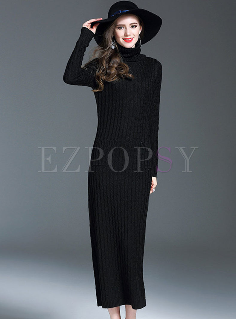 Causal Pure Color Wool Long Sleeve Knitted Dress