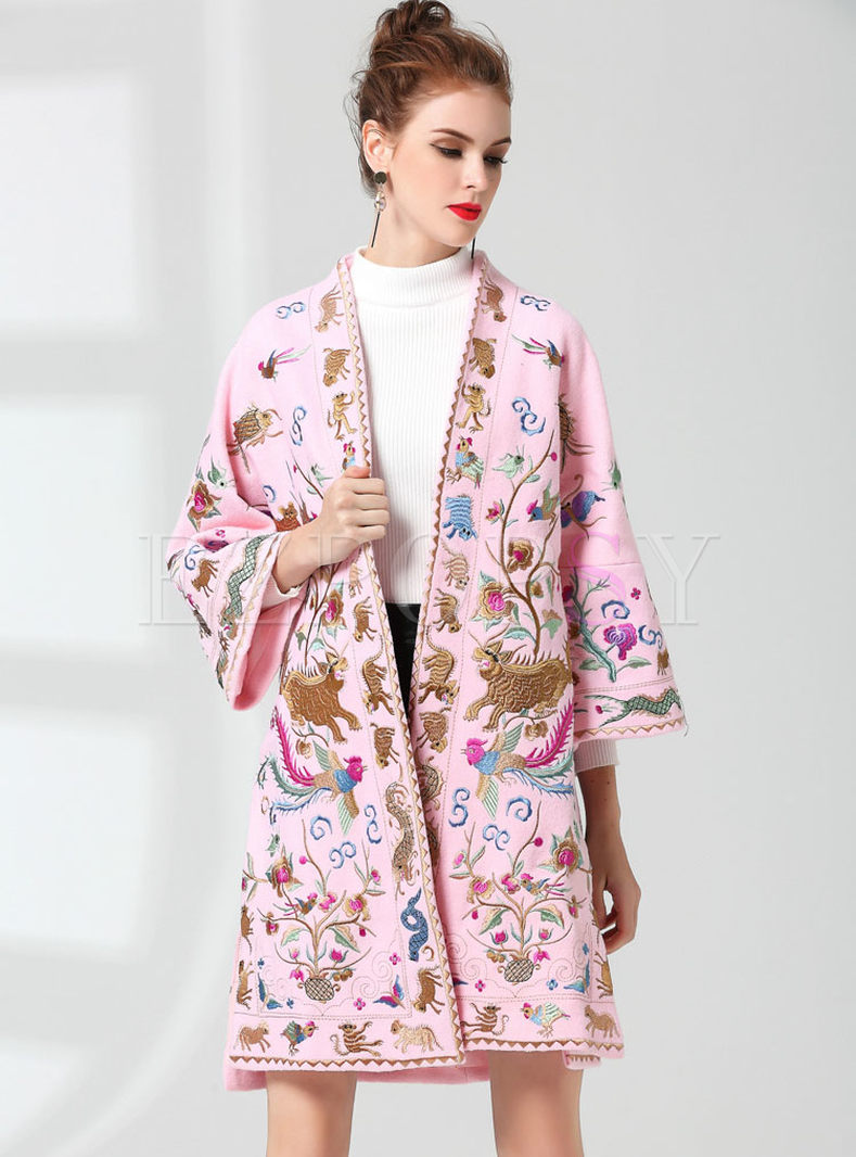Ethnic Embroidered Loose Woolen Coat