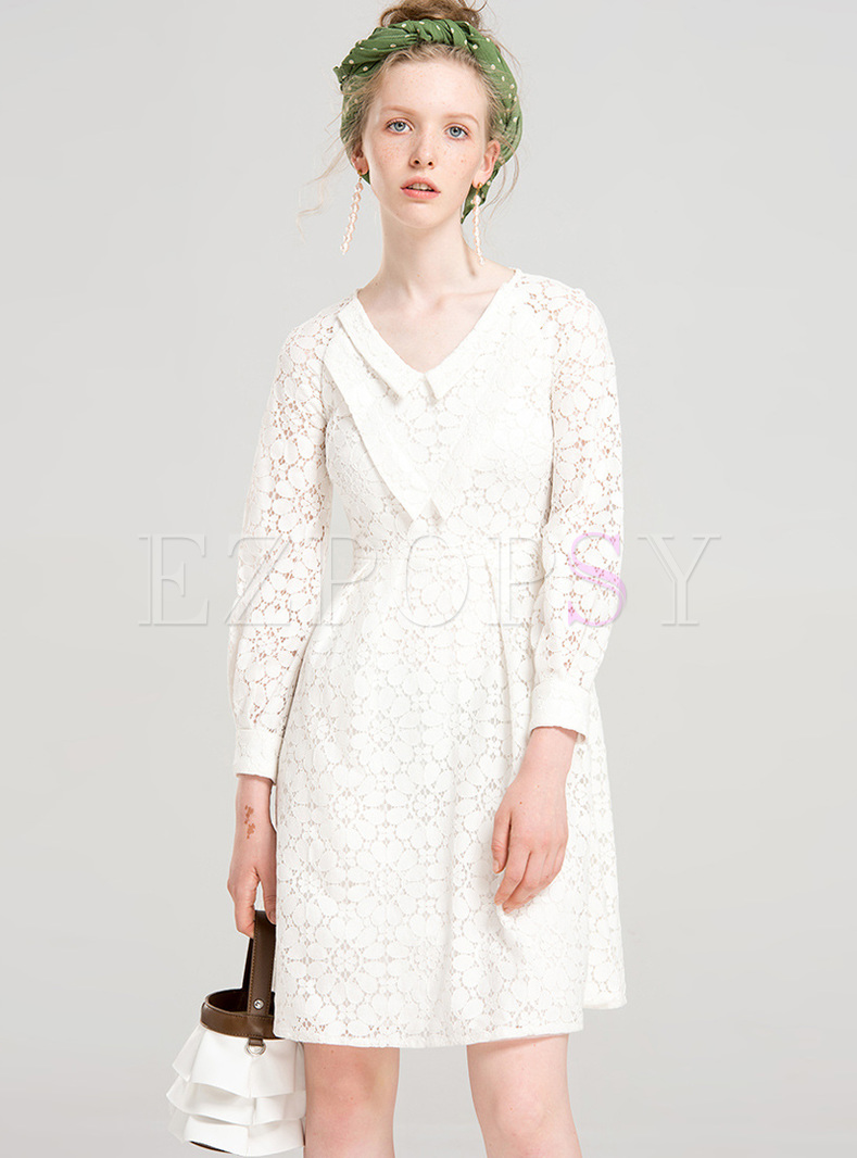 White V-neck Lace Waist A-line Dress