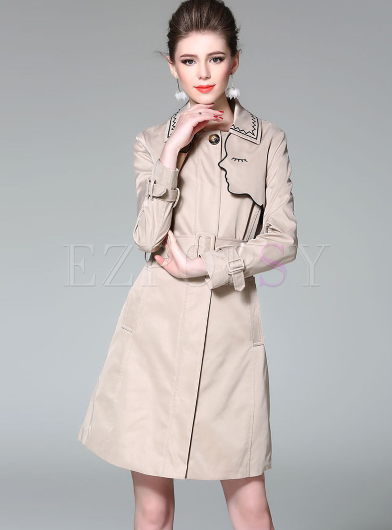 Elegant Single-breasted Turn Down Collar Belted Trench Coat