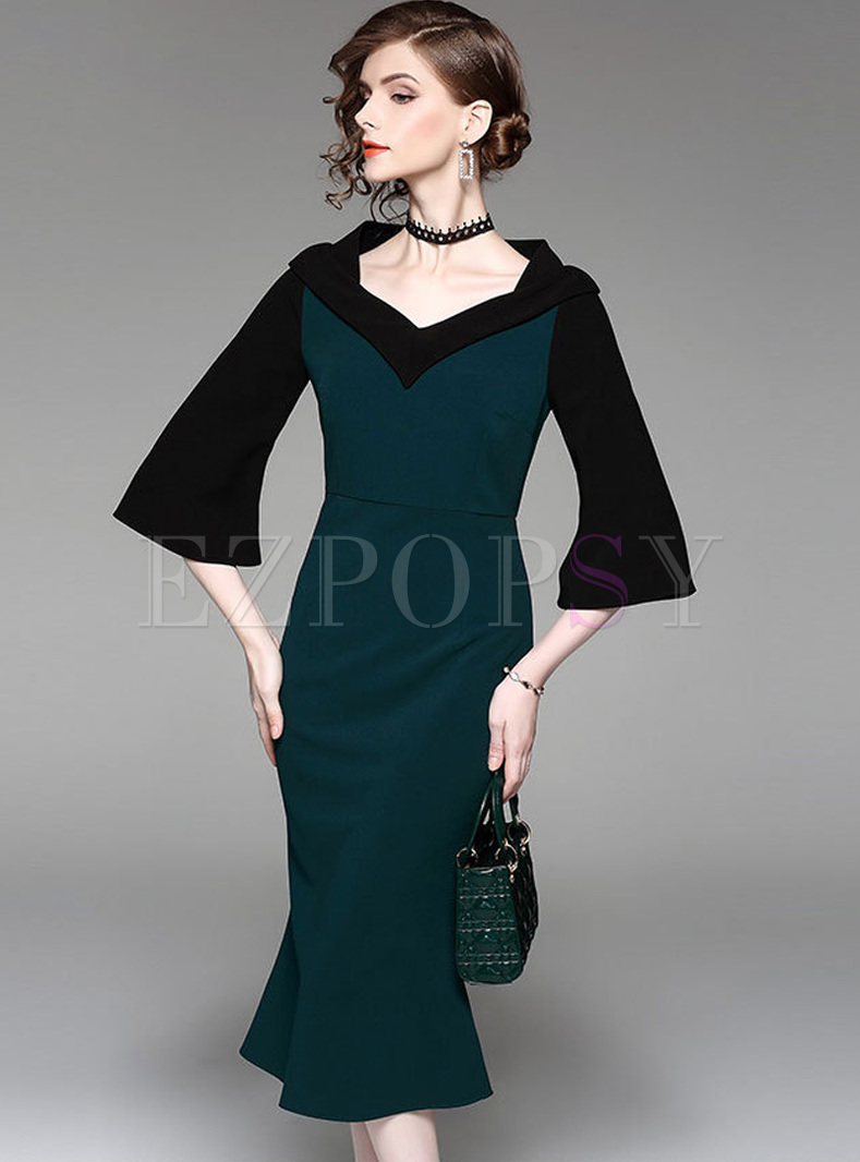 Party Color-blocked Flare Sleeve Color-blocked Mermaid Dress