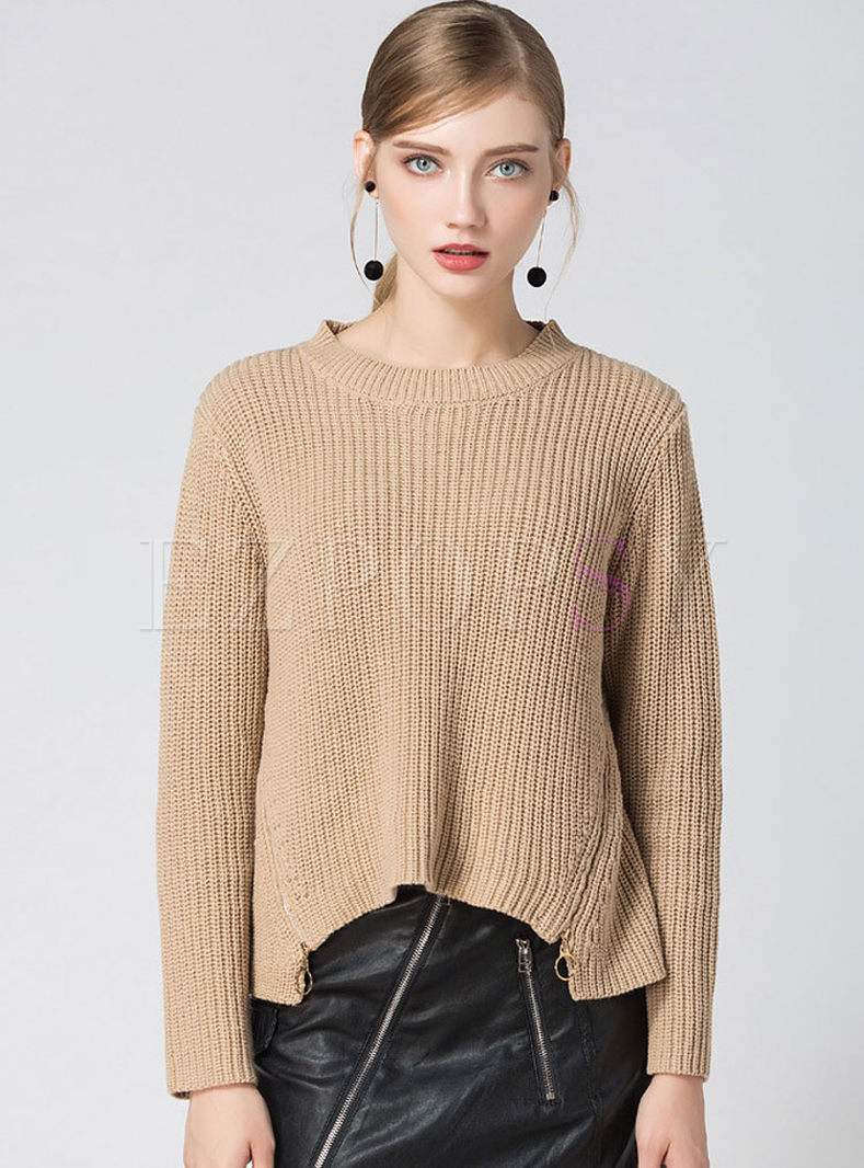 Stylish Asymmetry Slit Long Sleeve Knitted Sweater