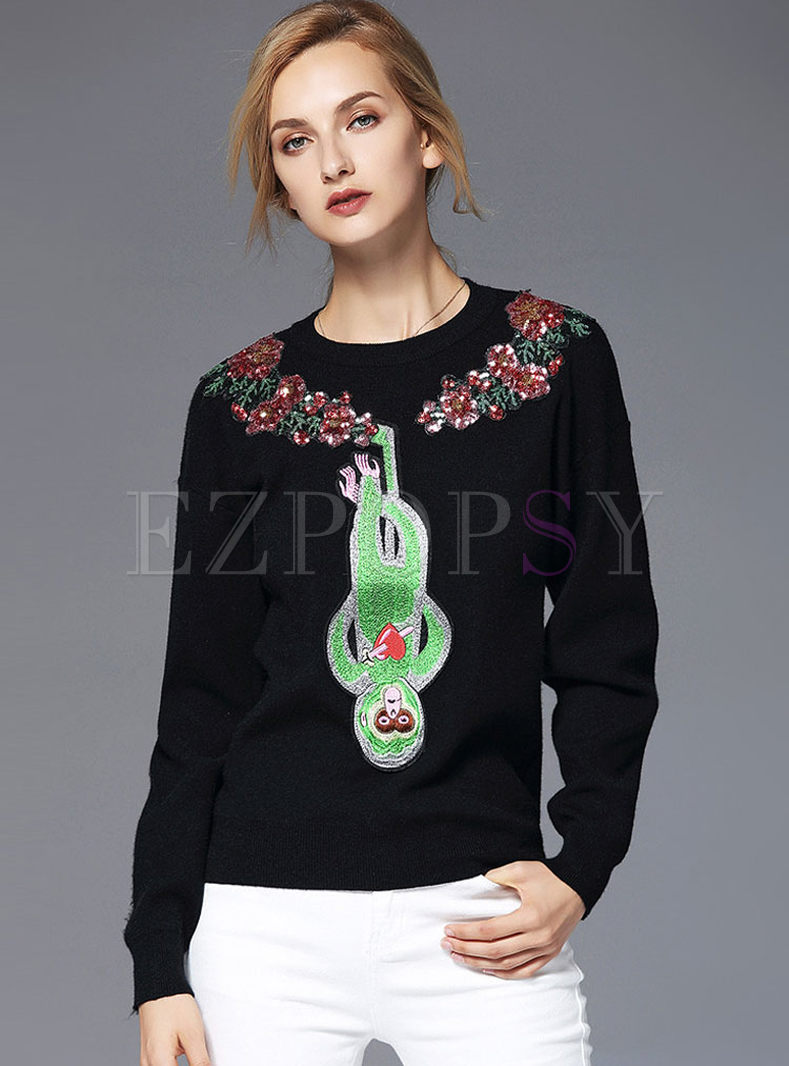 Sequins Embroidered Long Sleeve Knitted Sweater