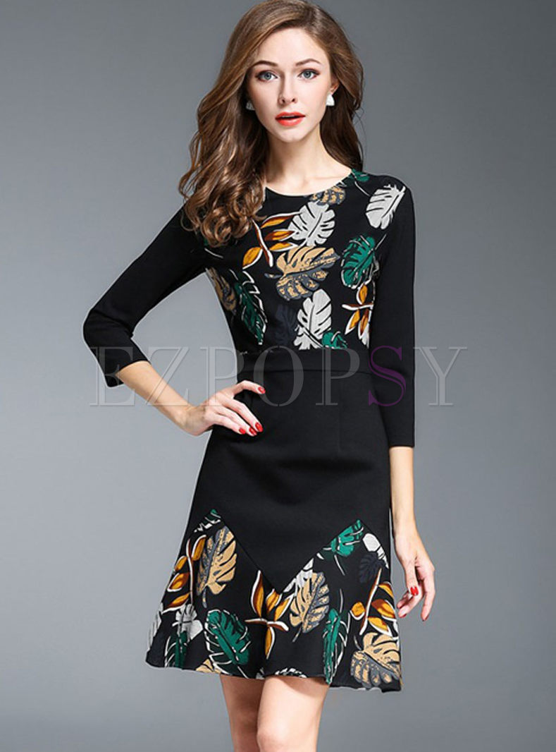Black Slim Floral Print A-line Dress